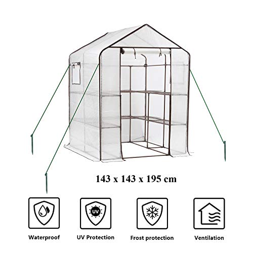 Sekey Foliengewächshaus, Gewächshaus, begehbares Gartenhäuschen mit 10 Regalebenen, Frühbeet, Tomatenhaus, Gartengewächshaus, Treibhaus mit aufrollbarem Eingang, 143 x 143 x 195 cm - 5